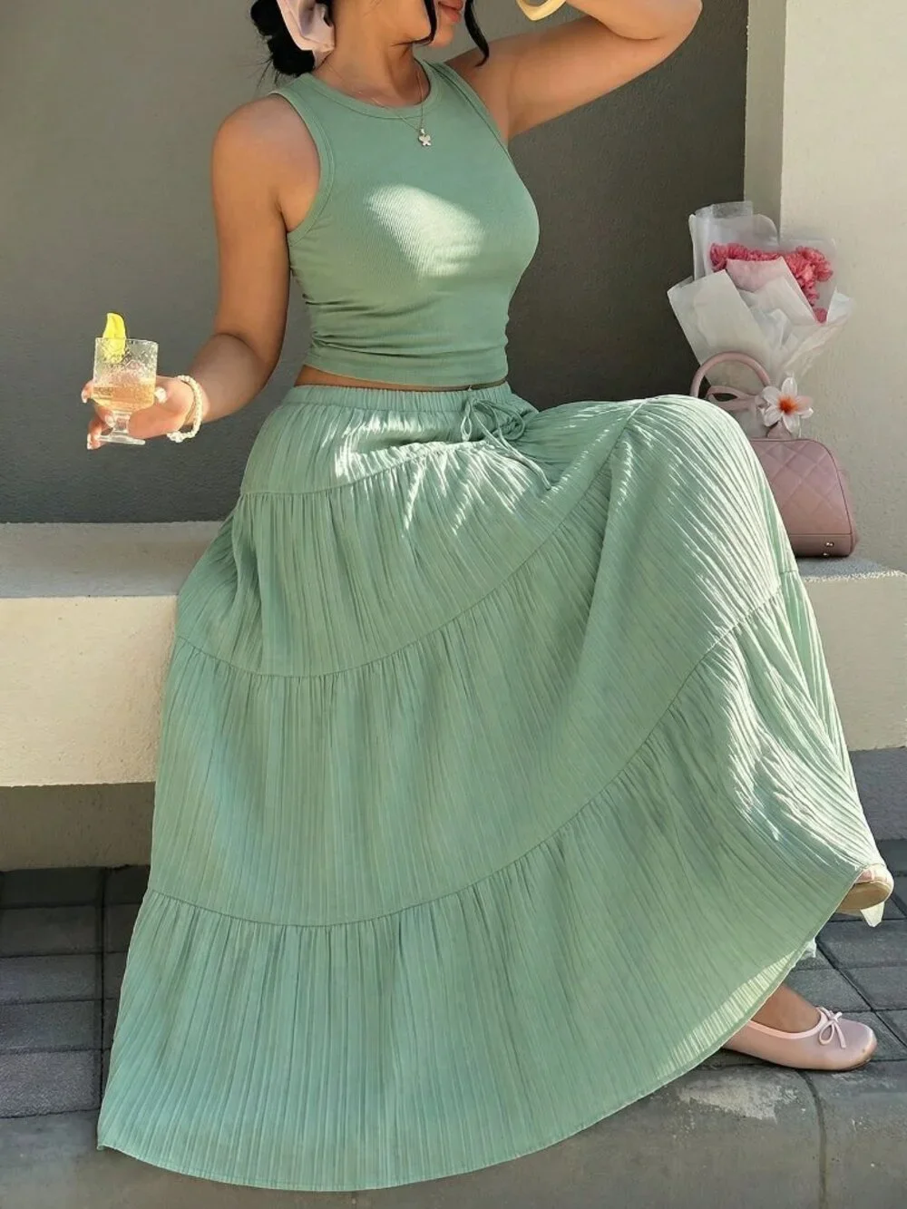 Mint Green Casual Women's Round Neck Tank Top And Midi Skirt Set, Plus Size